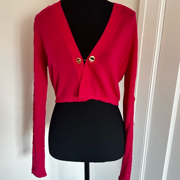 Elie Tahari Sweaters - Unique Elie Tahari Hot Pink Merino / Lace Wool Cropped Cardigan
